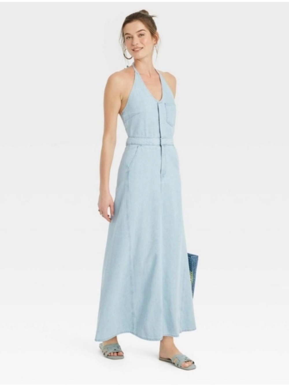 Universal Thread Light Blue Denim Halter Maxi Dress w/ pockets